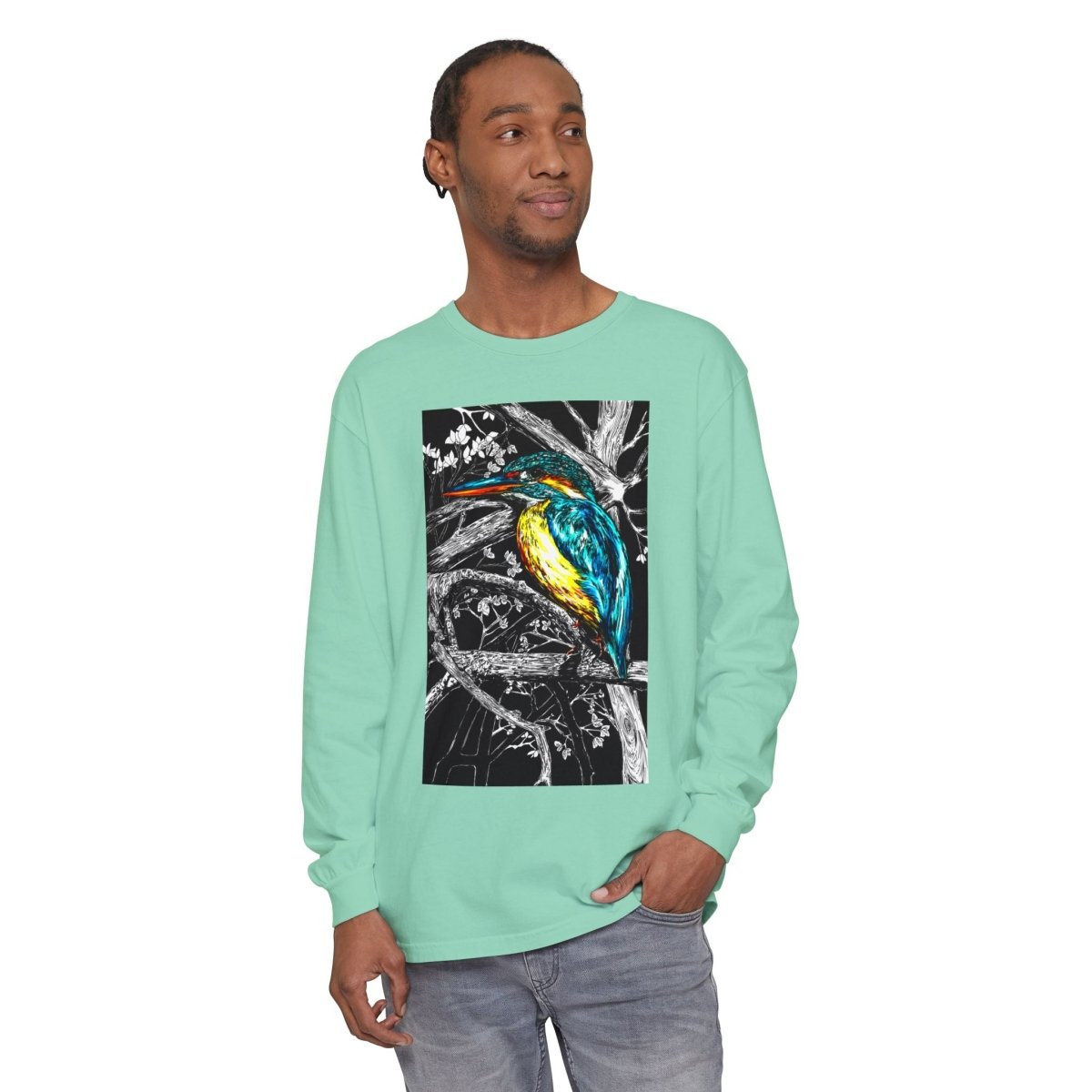 Vibrant Kingfisher Long Sleeve T-Shirt - Unisex Garment - Dyed - Curran Artworks