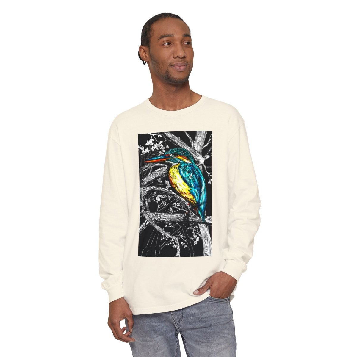 Vibrant Kingfisher Long Sleeve T-Shirt - Unisex Garment - Dyed - Curran Artworks
