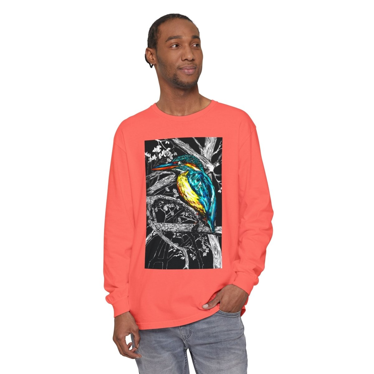 Vibrant Kingfisher Long Sleeve T-Shirt - Unisex Garment - Dyed - Curran Artworks