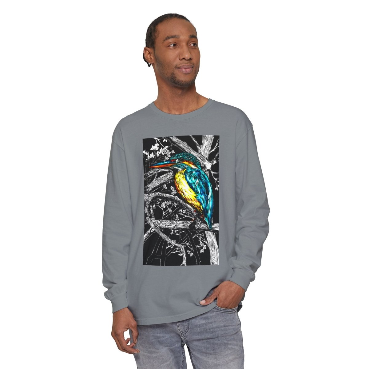 Vibrant Kingfisher Long Sleeve T-Shirt - Unisex Garment - Dyed - Curran Artworks