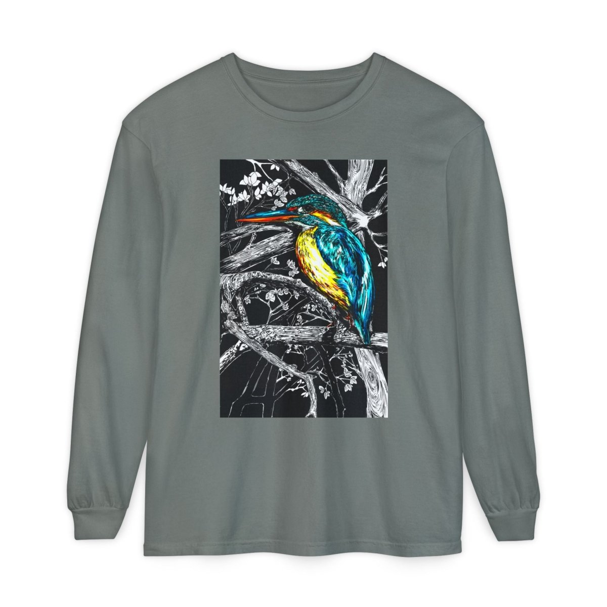 Vibrant Kingfisher Long Sleeve T-Shirt - Unisex Garment - Dyed - Curran Artworks