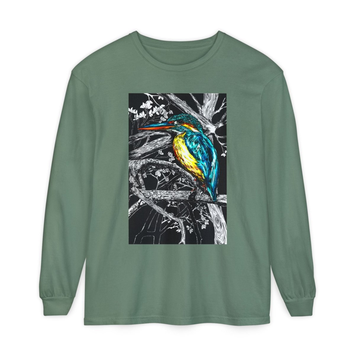 Vibrant Kingfisher Long Sleeve T-Shirt - Unisex Garment - Dyed - Curran Artworks