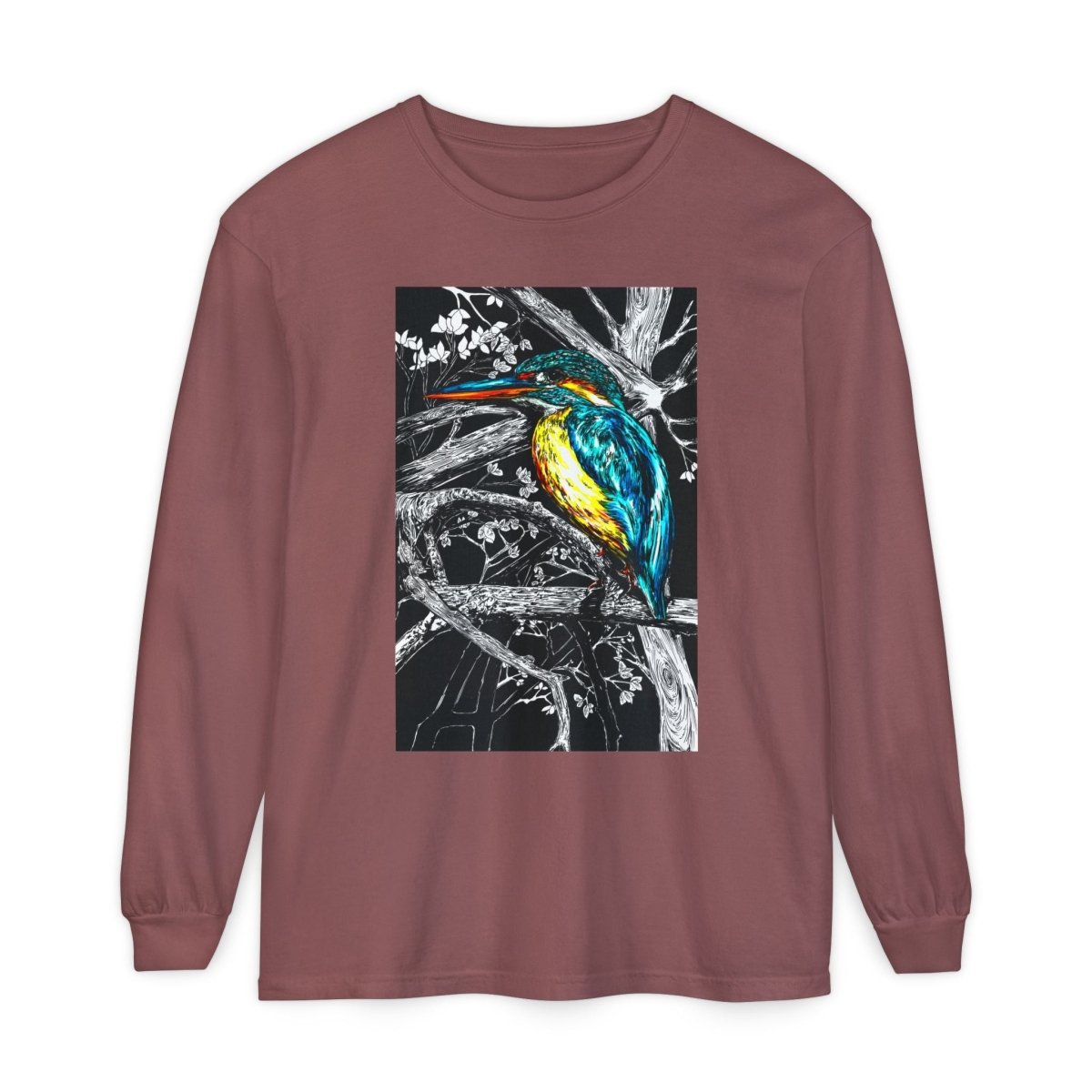 Vibrant Kingfisher Long Sleeve T-Shirt - Unisex Garment - Dyed - Curran Artworks