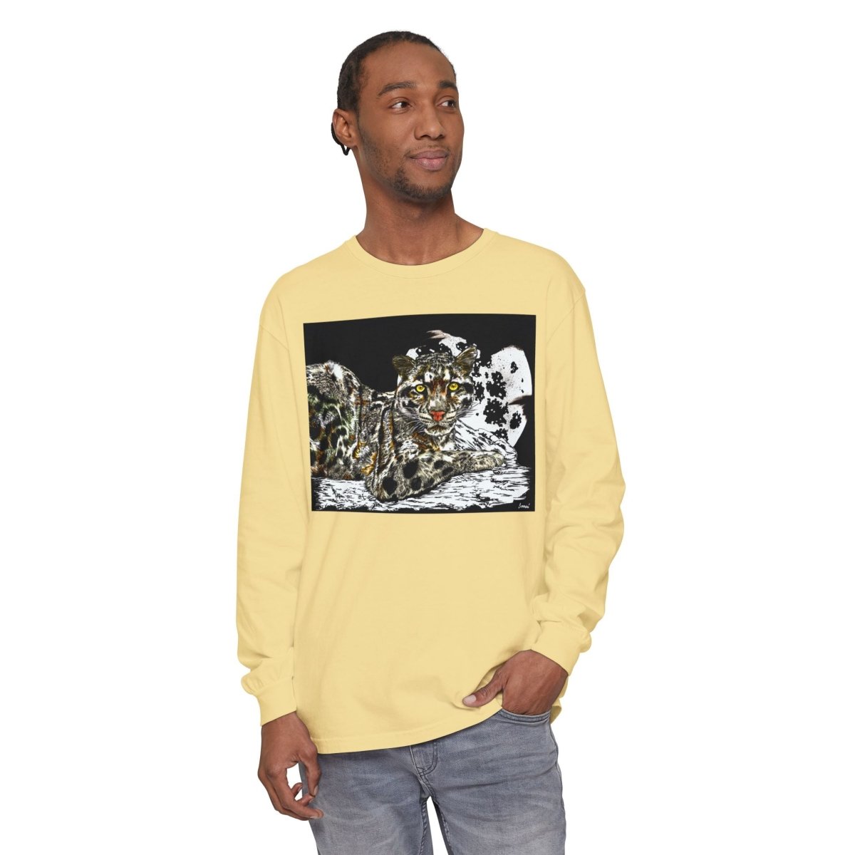 Wild Cat Art Long Sleeve T-Shirt - Unisex, Garment - Dyed, Nature Lover's Gift - Curran Artworks