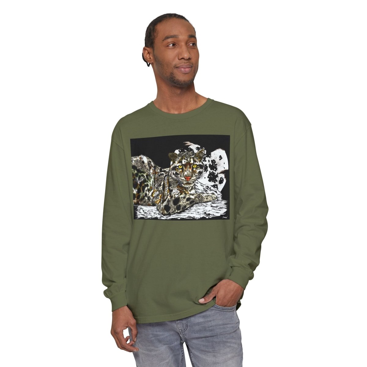 Wild Cat Art Long Sleeve T-Shirt - Unisex, Garment - Dyed, Nature Lover's Gift - Curran Artworks