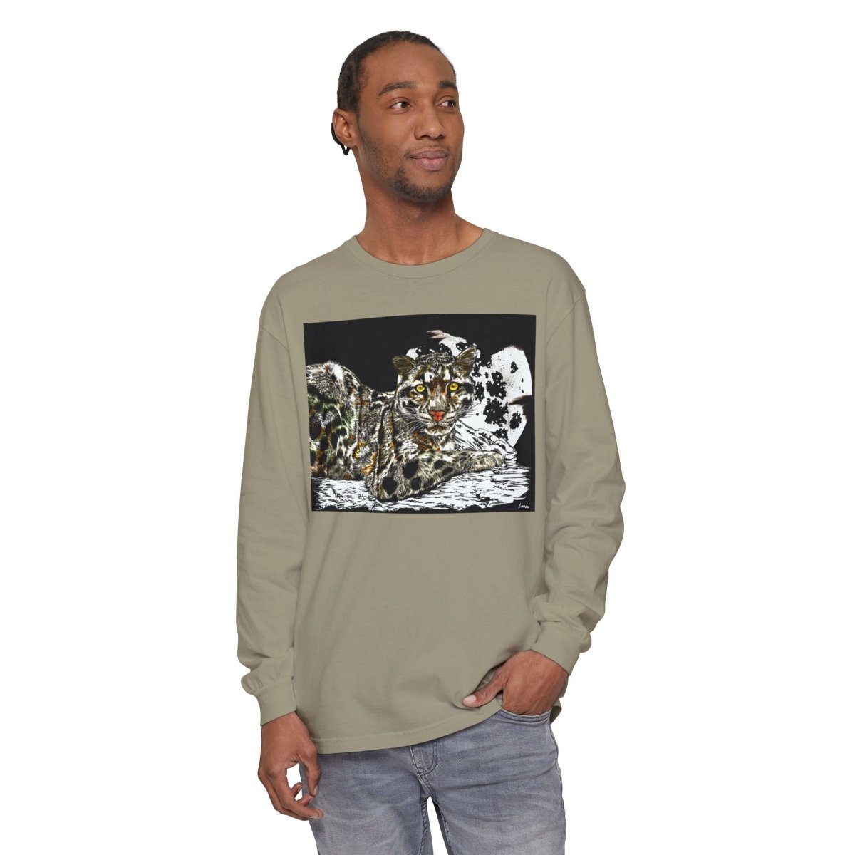 Wild Cat Art Long Sleeve T-Shirt - Unisex, Garment - Dyed, Nature Lover's Gift - Curran Artworks