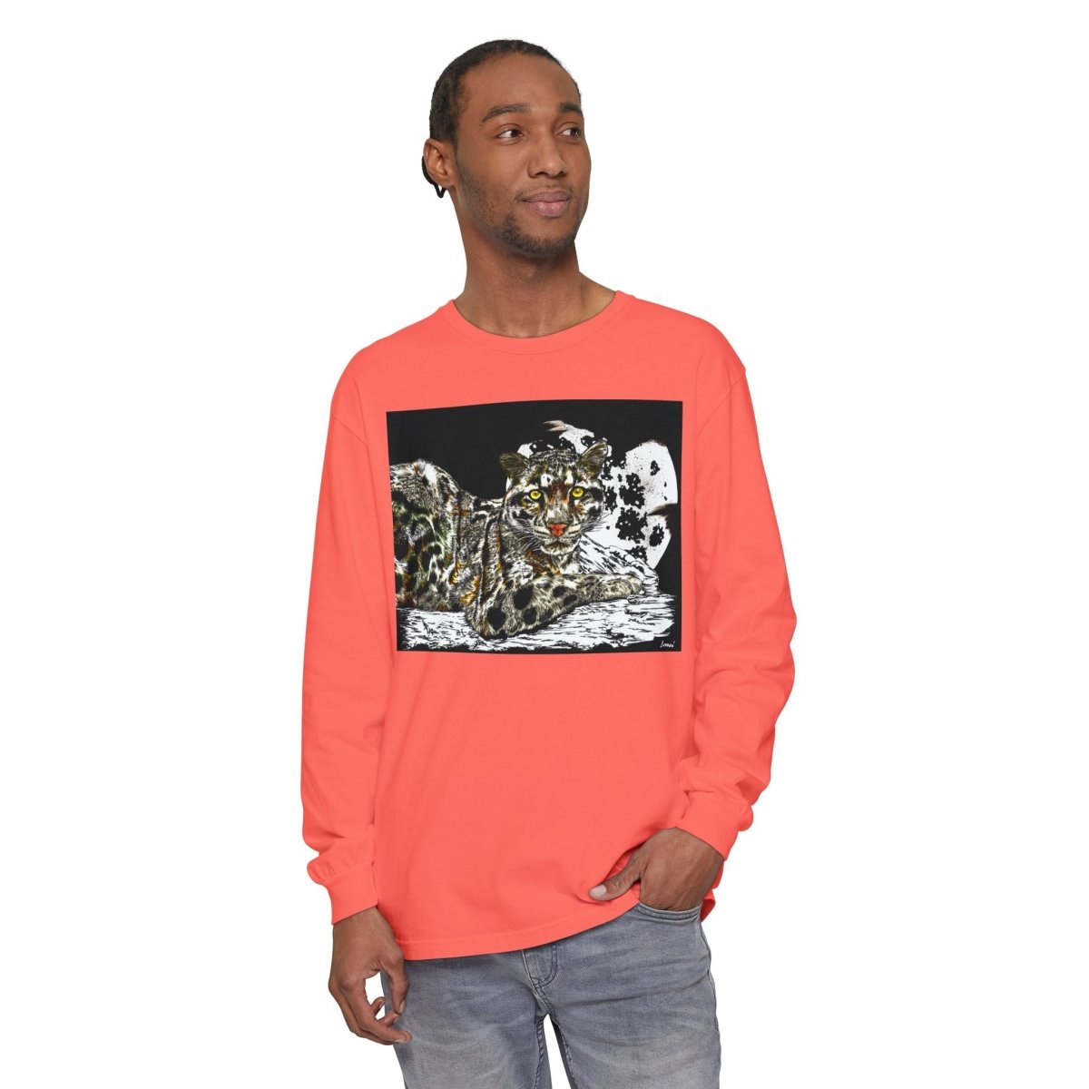 Wild Cat Art Long Sleeve T-Shirt - Unisex, Garment - Dyed, Nature Lover's Gift - Curran Artworks