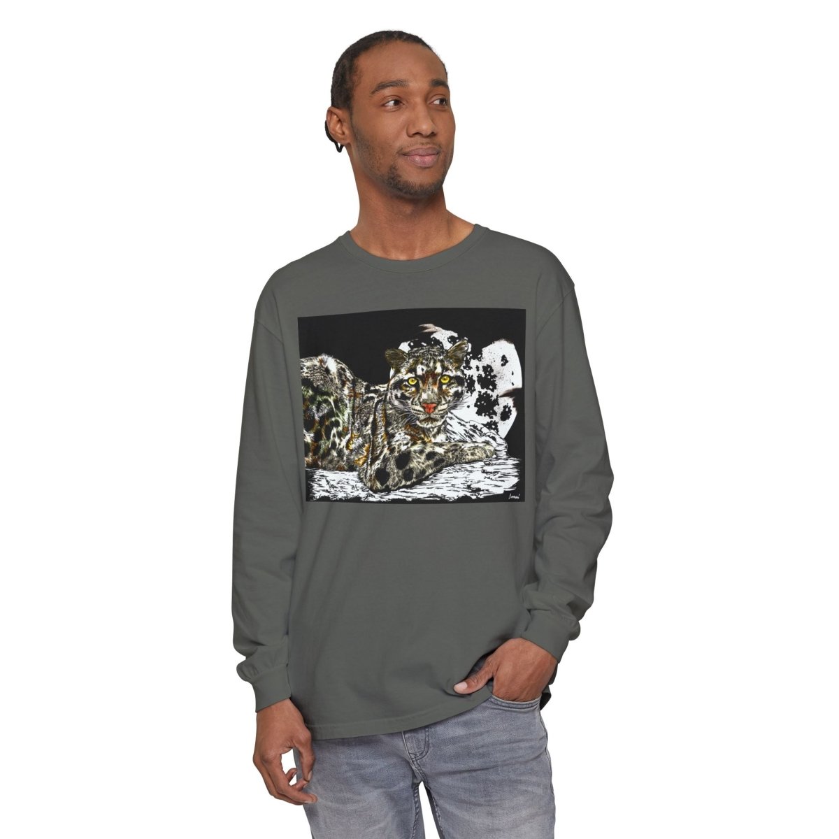 Wild Cat Art Long Sleeve T-Shirt - Unisex, Garment - Dyed, Nature Lover's Gift - Curran Artworks