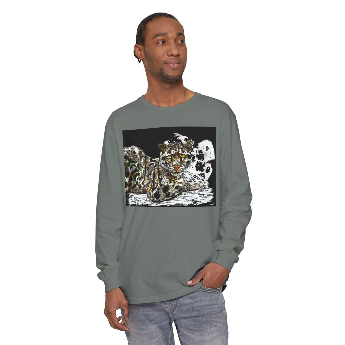 Wild Cat Art Long Sleeve T-Shirt - Unisex, Garment - Dyed, Nature Lover's Gift - Curran Artworks