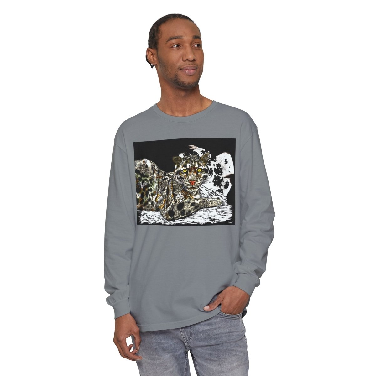 Wild Cat Art Long Sleeve T-Shirt - Unisex, Garment - Dyed, Nature Lover's Gift - Curran Artworks