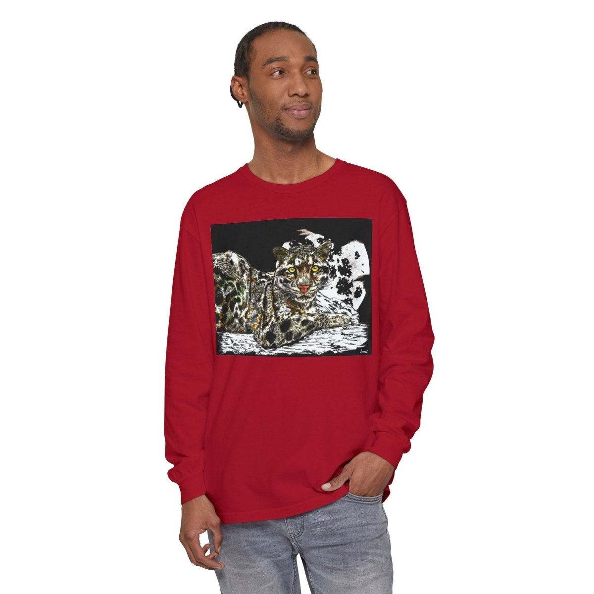 Wild Cat Art Long Sleeve T-Shirt - Unisex, Garment - Dyed, Nature Lover's Gift - Curran Artworks