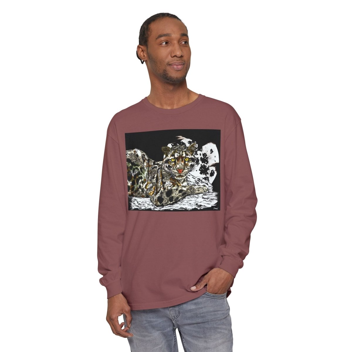 Wild Cat Art Long Sleeve T-Shirt - Unisex, Garment - Dyed, Nature Lover's Gift - Curran Artworks