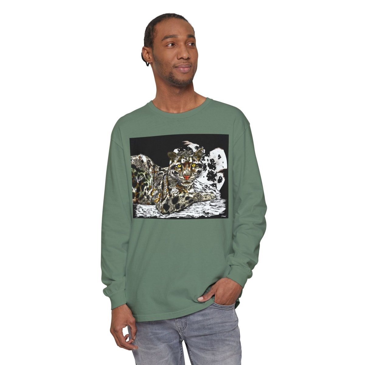 Wild Cat Art Long Sleeve T-Shirt - Unisex, Garment - Dyed, Nature Lover's Gift - Curran Artworks