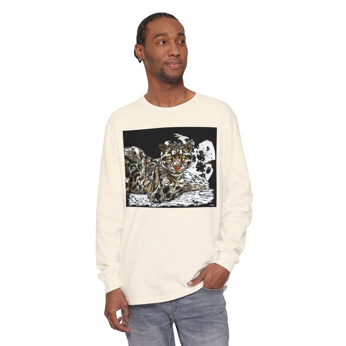 Wild Cat Art Long Sleeve T-Shirt - Unisex, Garment - Dyed, Nature Lover's Gift - Curran Artworks
