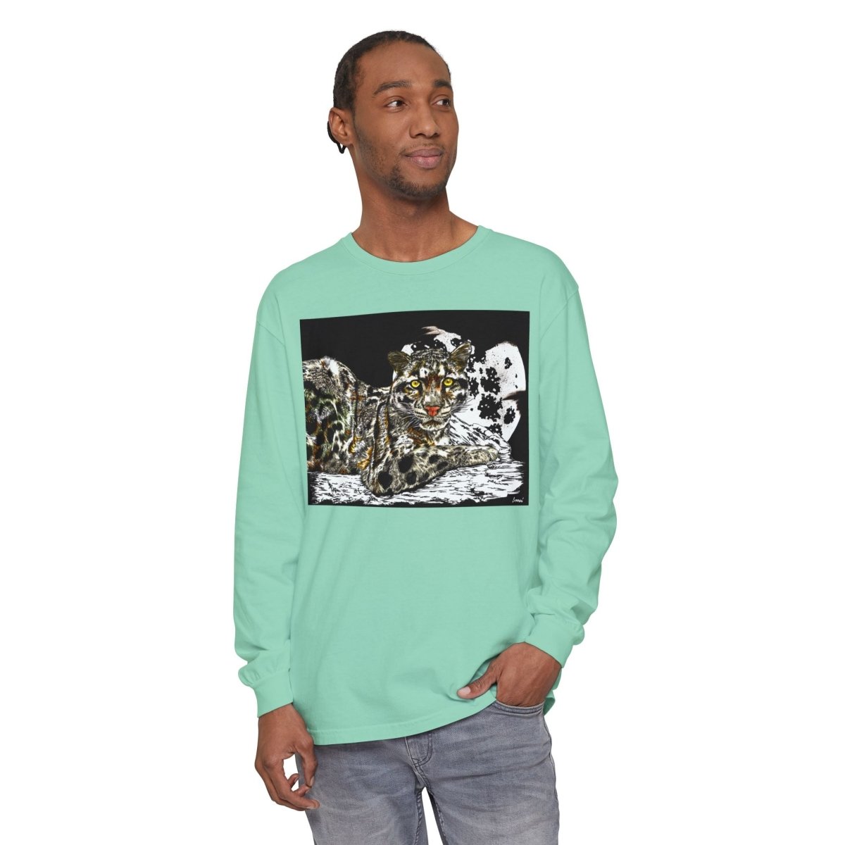 Wild Cat Art Long Sleeve T-Shirt - Unisex, Garment - Dyed, Nature Lover's Gift - Curran Artworks