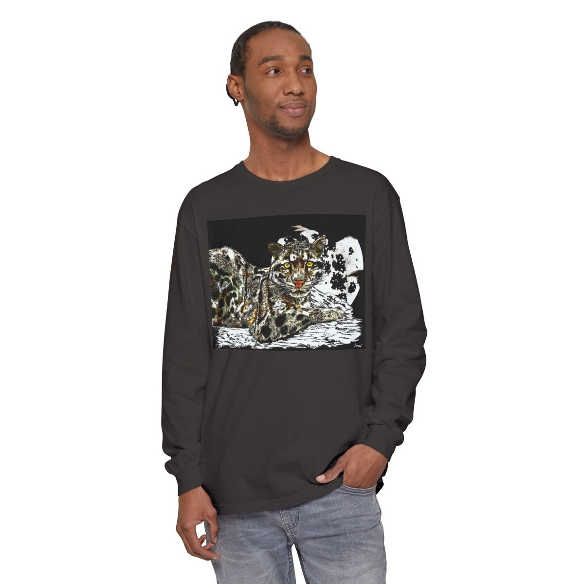Wild Cat Art Long Sleeve T-Shirt - Unisex, Garment - Dyed, Nature Lover's Gift - Curran Artworks