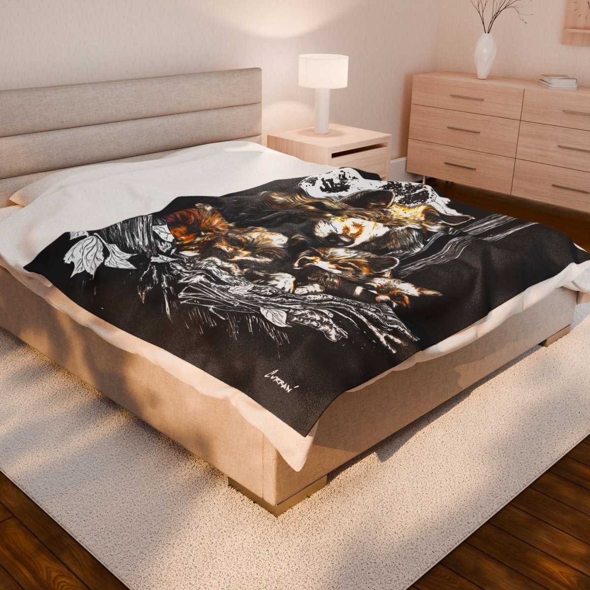 Wolf Family Velveteen Plush Blanket - Cozy Decor for Nature Lovers - Curran Artworks