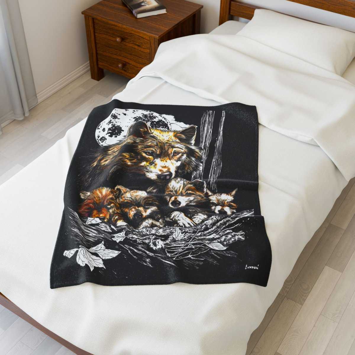 Wolf Family Velveteen Plush Blanket - Cozy Decor for Nature Lovers - Curran Artworks