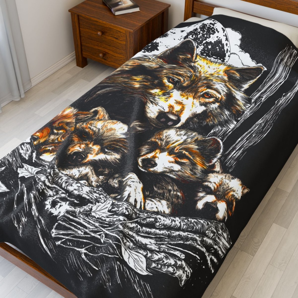 Wolf Family Velveteen Plush Blanket - Cozy Decor for Nature Lovers - Curran Artworks