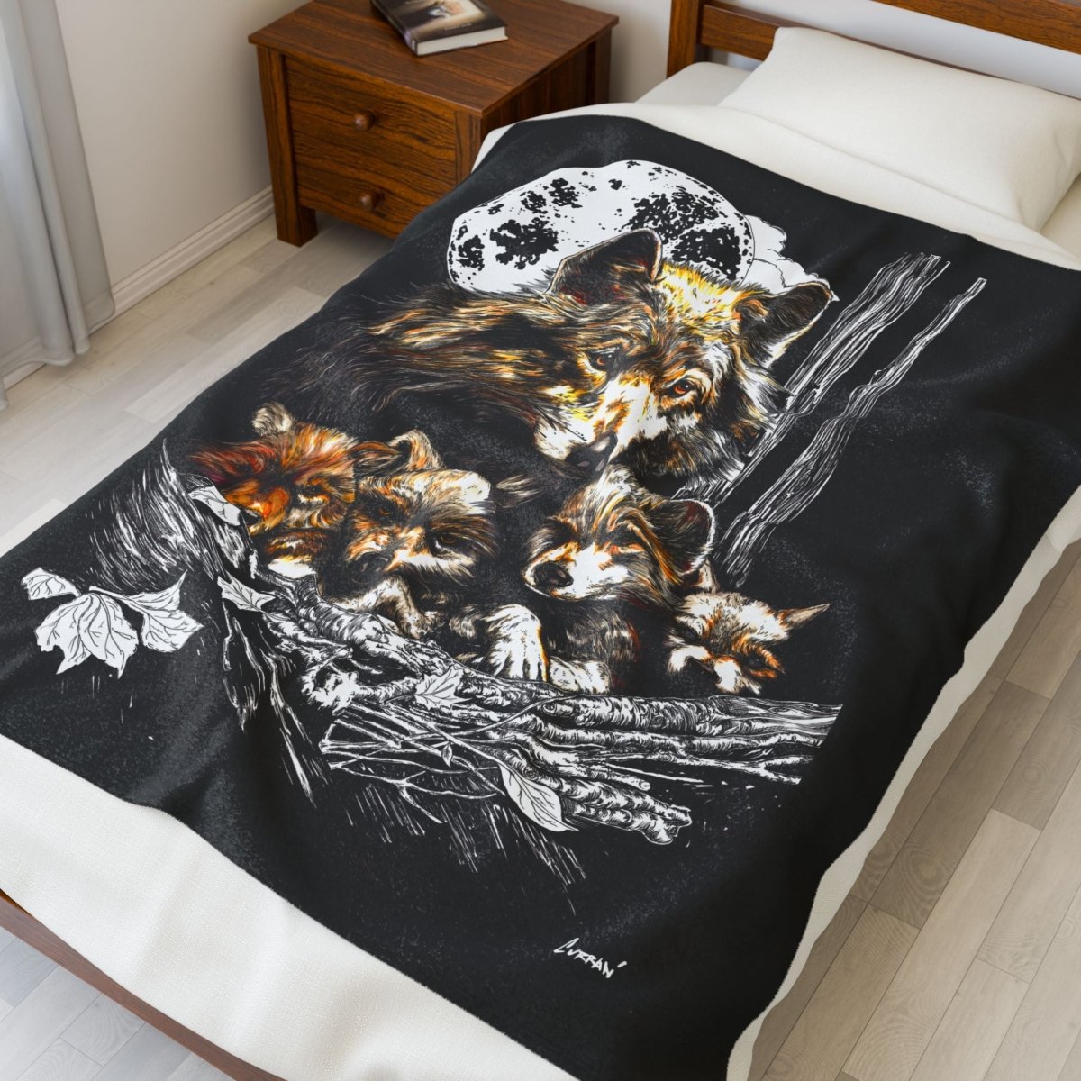 Wolf Family Velveteen Plush Blanket - Cozy Decor for Nature Lovers - Curran Artworks
