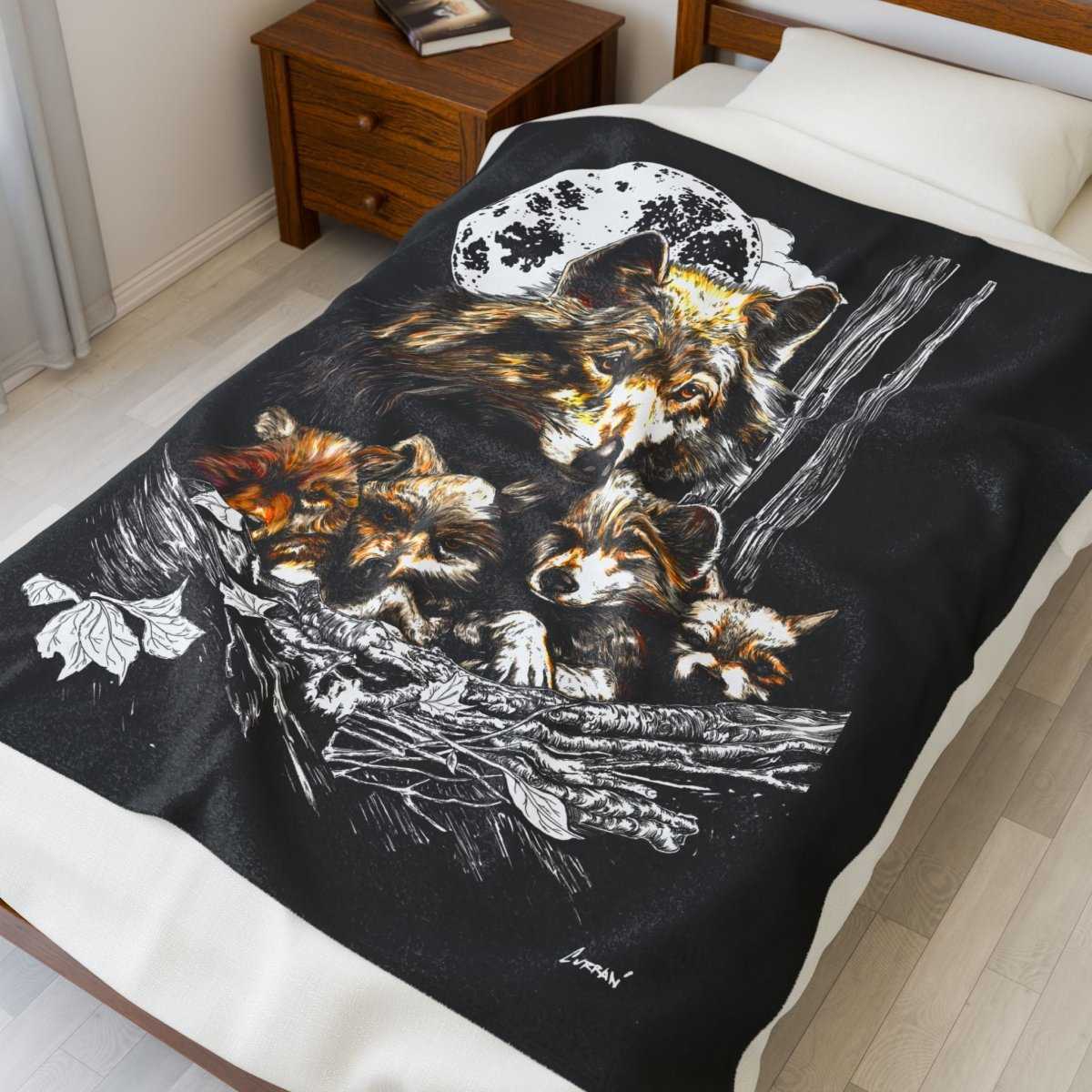 Wolf Family Velveteen Plush Blanket - Cozy Decor for Nature Lovers - Curran Artworks