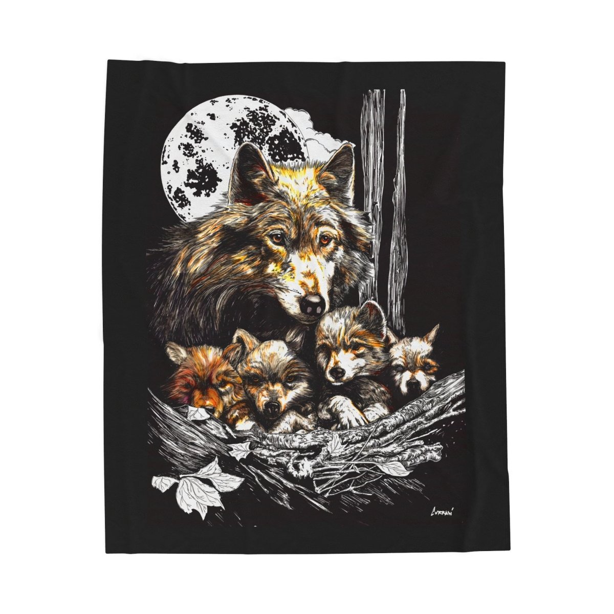 Wolf Family Velveteen Plush Blanket - Cozy Decor for Nature Lovers - Curran Artworks
