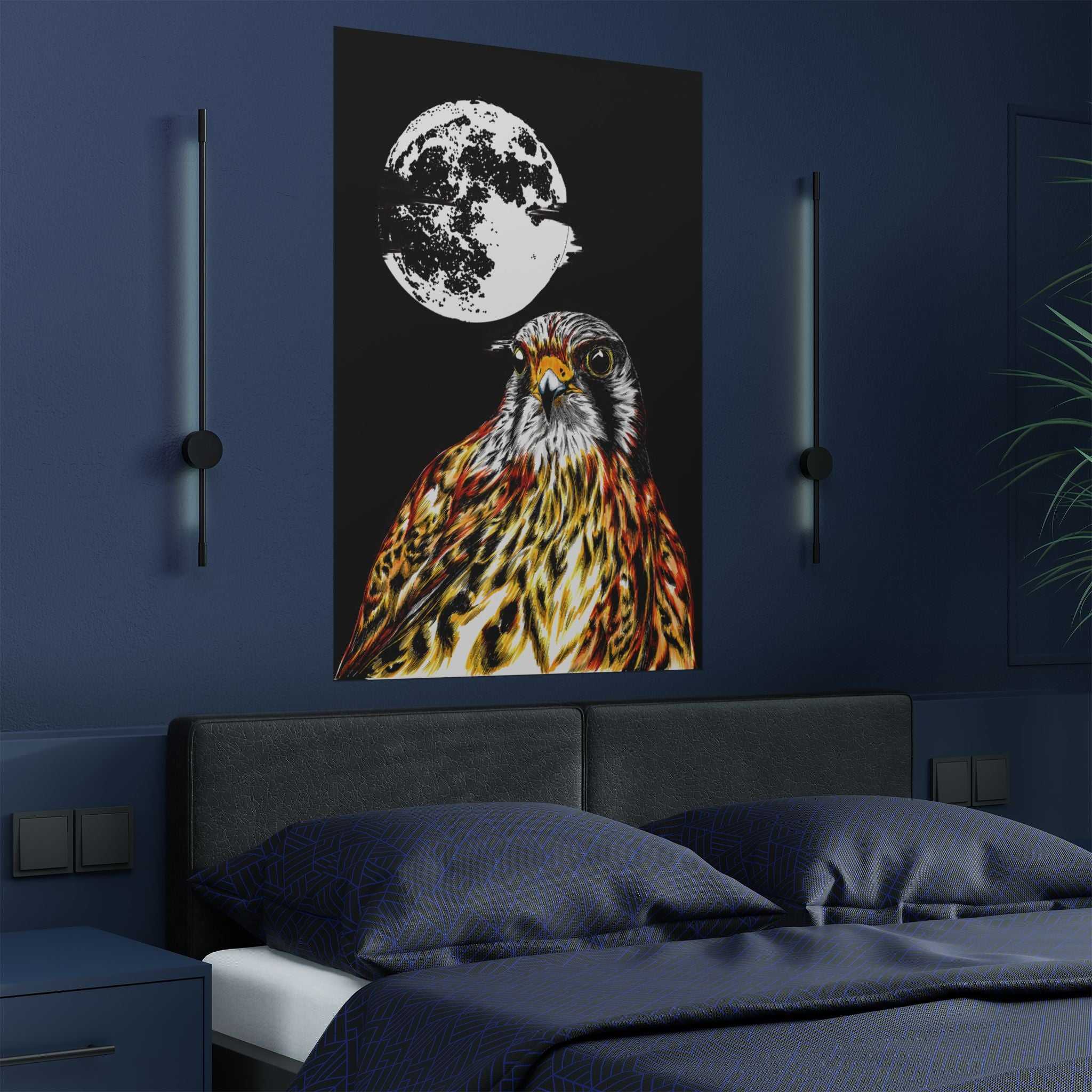 Elevate your space with the Wildlife Satin Poster - Majestic Falcon with Moon Design showcasing the Original, Hand Drawn Art. Bring nature's beauty home today!