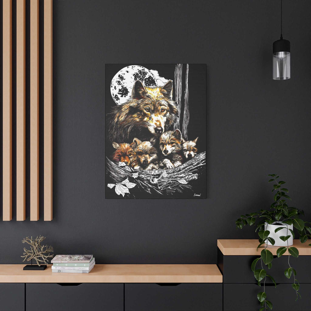 Wolf Wall Art, Wolf Print, Hand-Drawn Wolves, Wildlife Art, Wolf and Cubs, Nature Wall Decor, Animal Lover Gift, Woodland Art Printed on Matte Canvas,