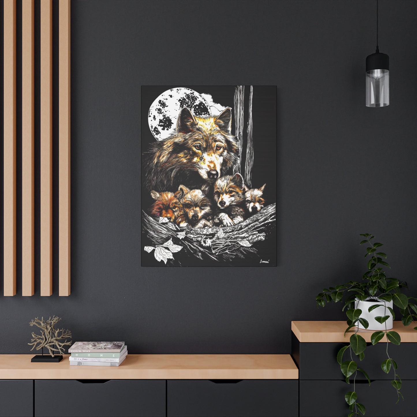 Wolf Wall Art, Wolf Print, Hand-Drawn Wolves, Wildlife Art, Wolf and Cubs, Nature Wall Decor, Animal Lover Gift, Woodland Art Printed on Matte Canvas, Stretched, 1.25"