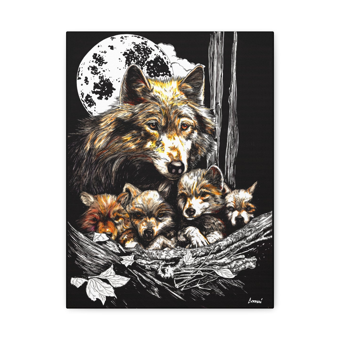 Wolf Wall Art, Wolf Print, Hand-Drawn Wolves, Wildlife Art, Wolf and Cubs, Nature Wall Decor, Animal Lover Gift, Woodland Art Printed on Matte Canvas, Stretched, 1.25"