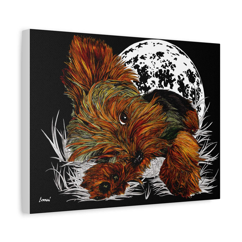 Bring a touch of charm to your walls with this adorable Yorkie Terrier Canvas Print - Cozy Yorkie with Moon Design. Perfect for dog lovers!