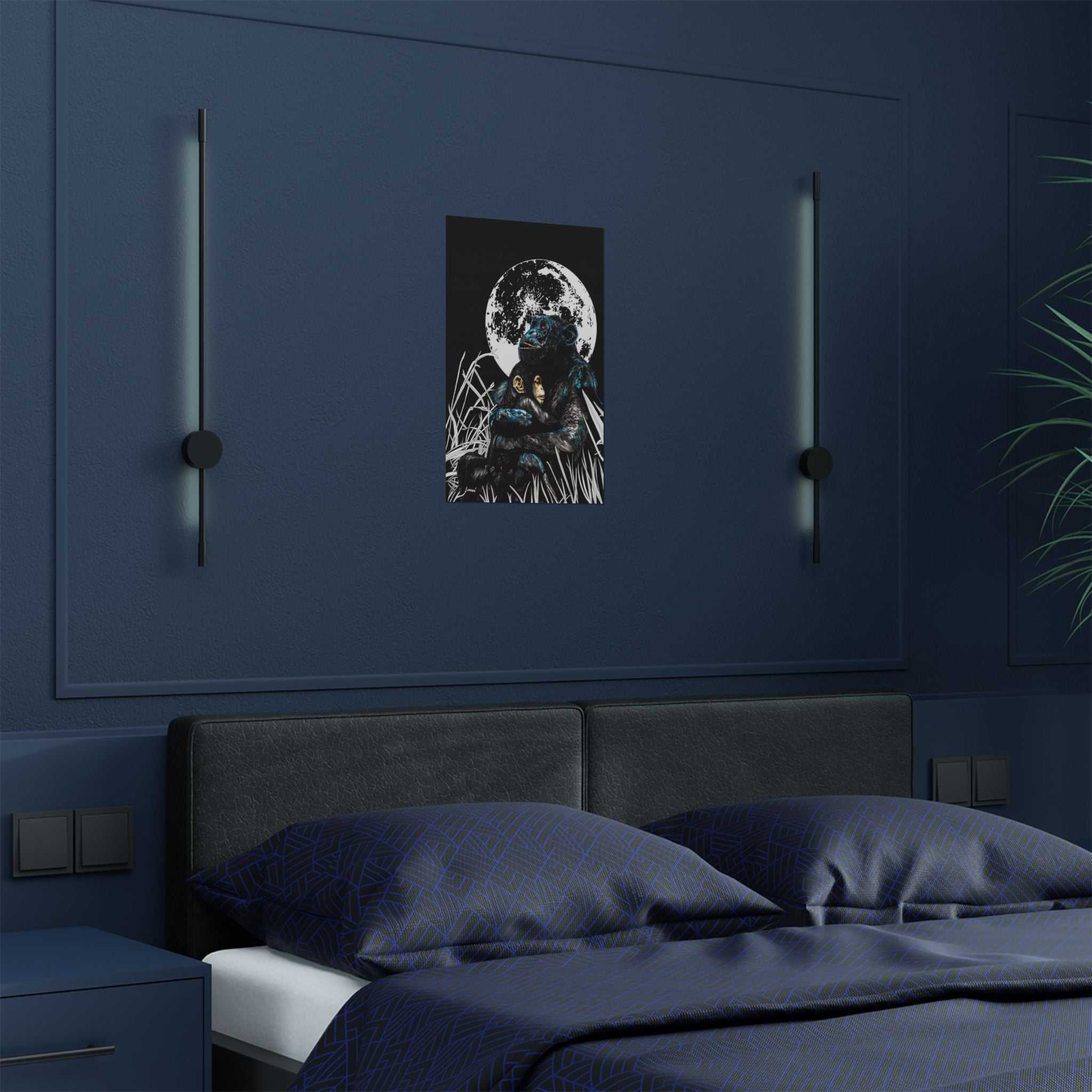 Satin Poster - Moonlit Gorilla and Child Embrace Art Print featuring the Hand Drawn, Original Animal Wall Art Poster by Kris Curran artist at Curran Artworks.