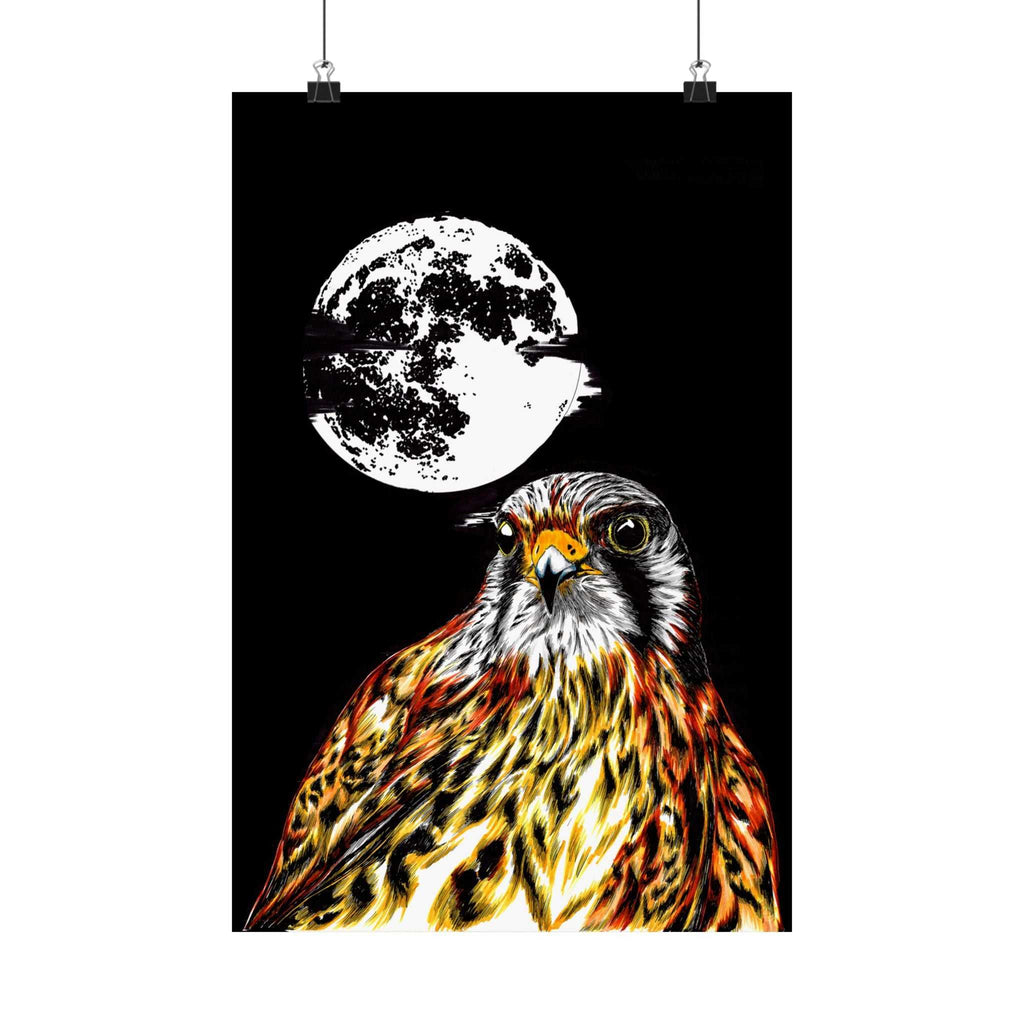 Elevate your space with the Wildlife Satin Poster - Majestic Falcon with Moon Design showcasing the Original, Hand Drawn Art. Bring nature's beauty home today!