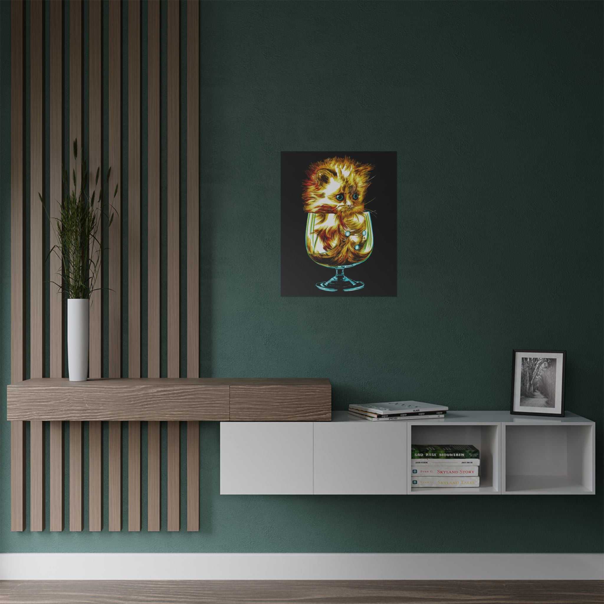 Add a touch of whimsy to your walls with our Whimsical Cat in Glass Satin Poster - 300gsm Art Print for Cat Lovers. Perfect for feline enthusiasts!