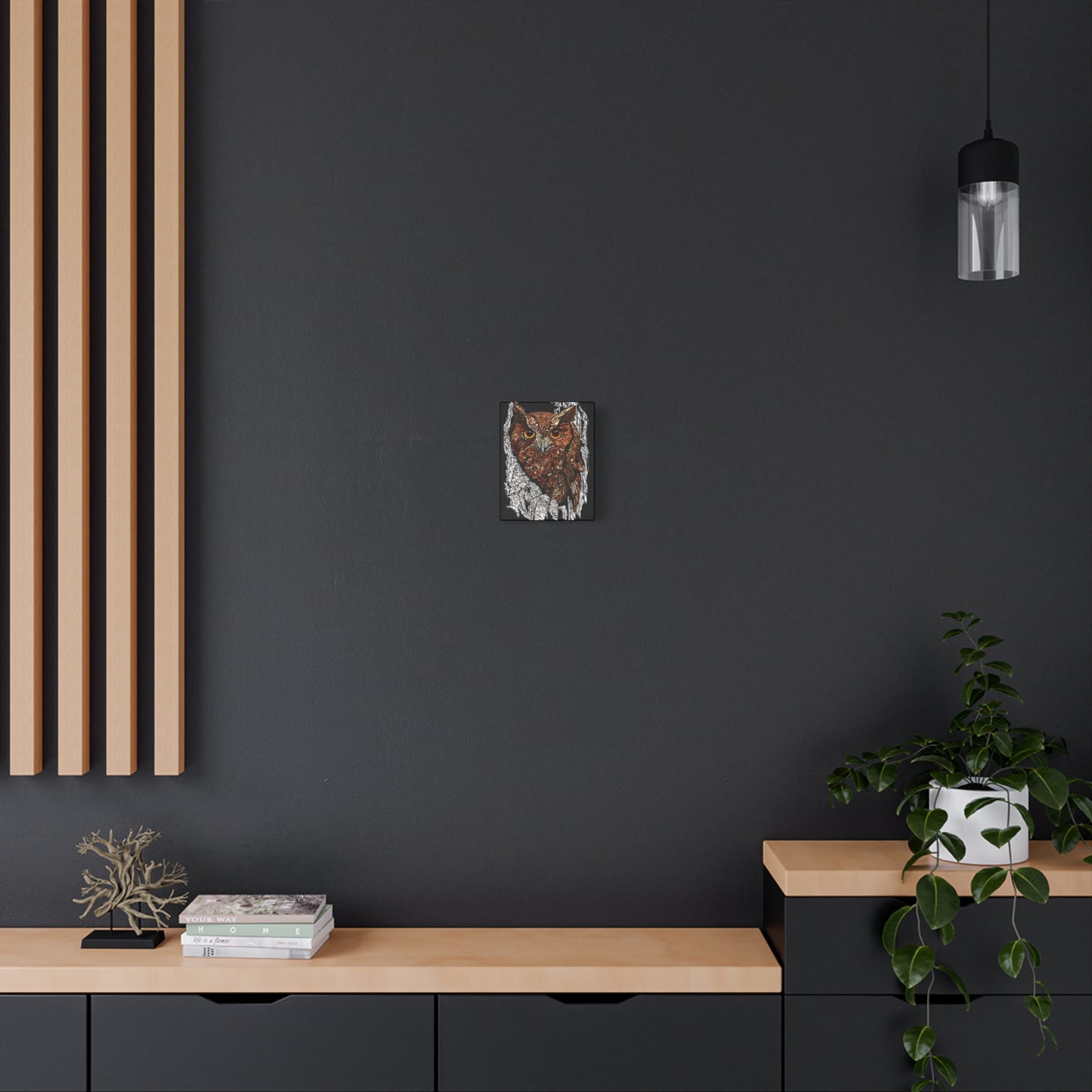 Owls in a Tree Wall Art Canvas Print of the Original, hand drawn wall art of an Owls in a Tree