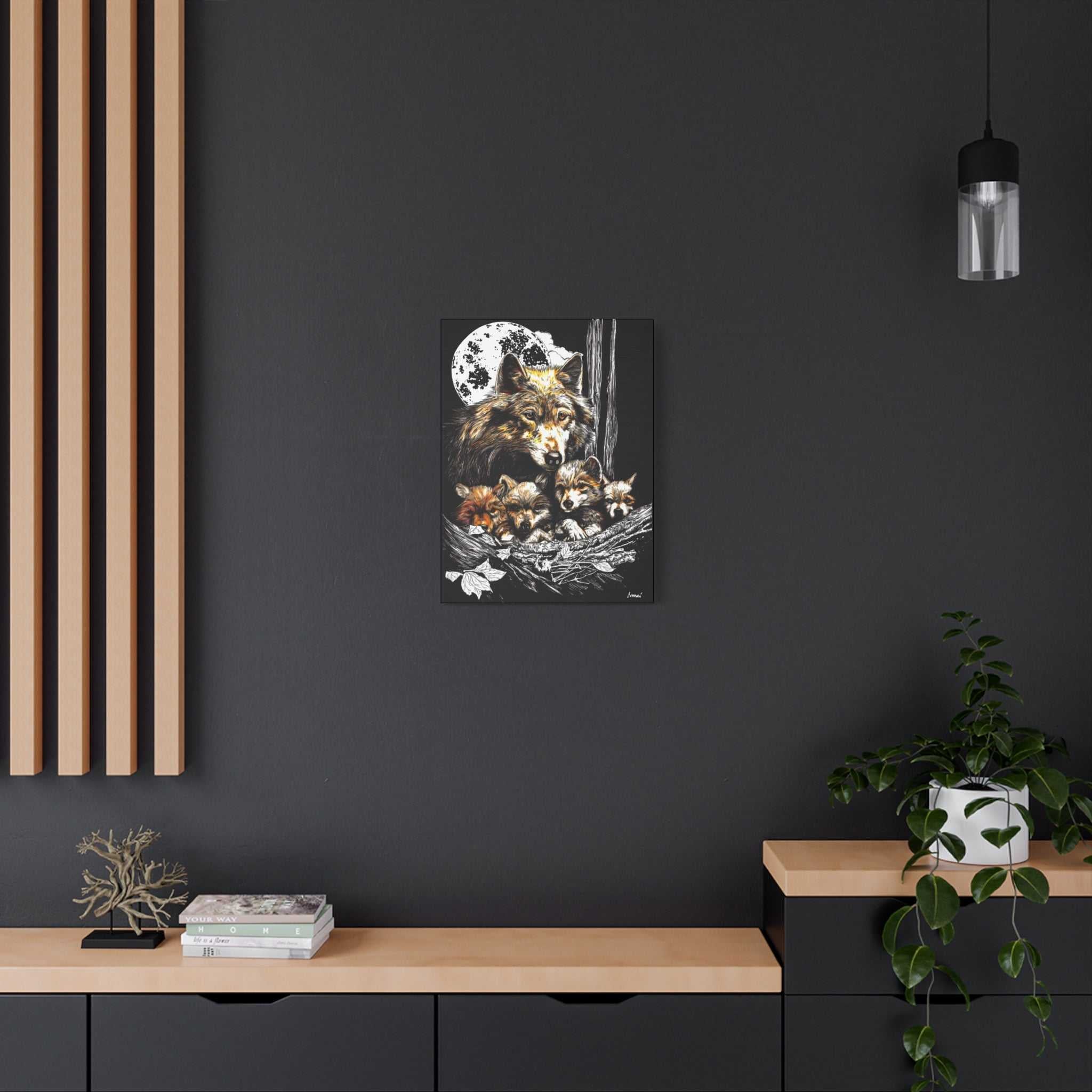 Wolf Wall Art, Wolf Print, Hand-Drawn Wolves, Wildlife Art, Wolf and Cubs, Nature Wall Decor, Animal Lover Gift, Woodland Art Printed on Matte Canvas,