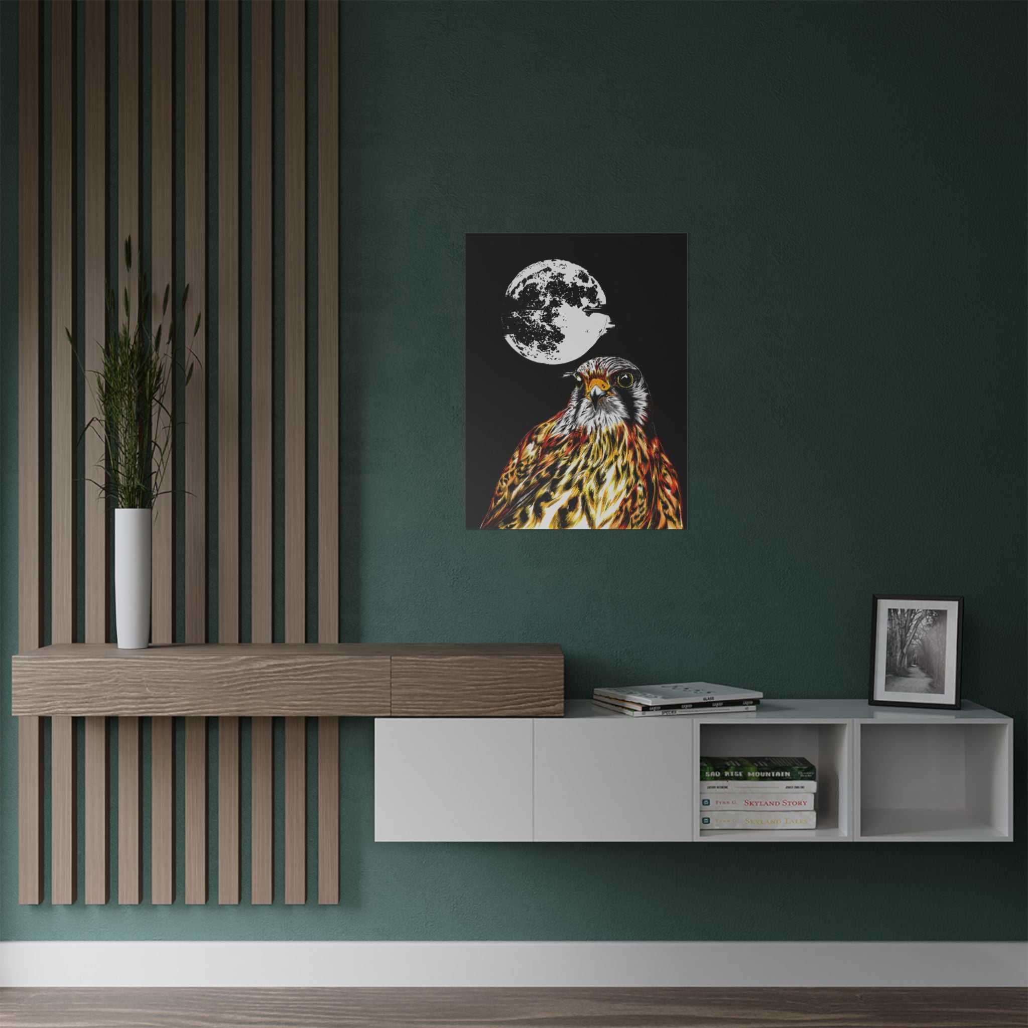 Elevate your space with the Wildlife Satin Poster - Majestic Falcon with Moon Design showcasing the Original, Hand Drawn Art. Bring nature's beauty home today!
