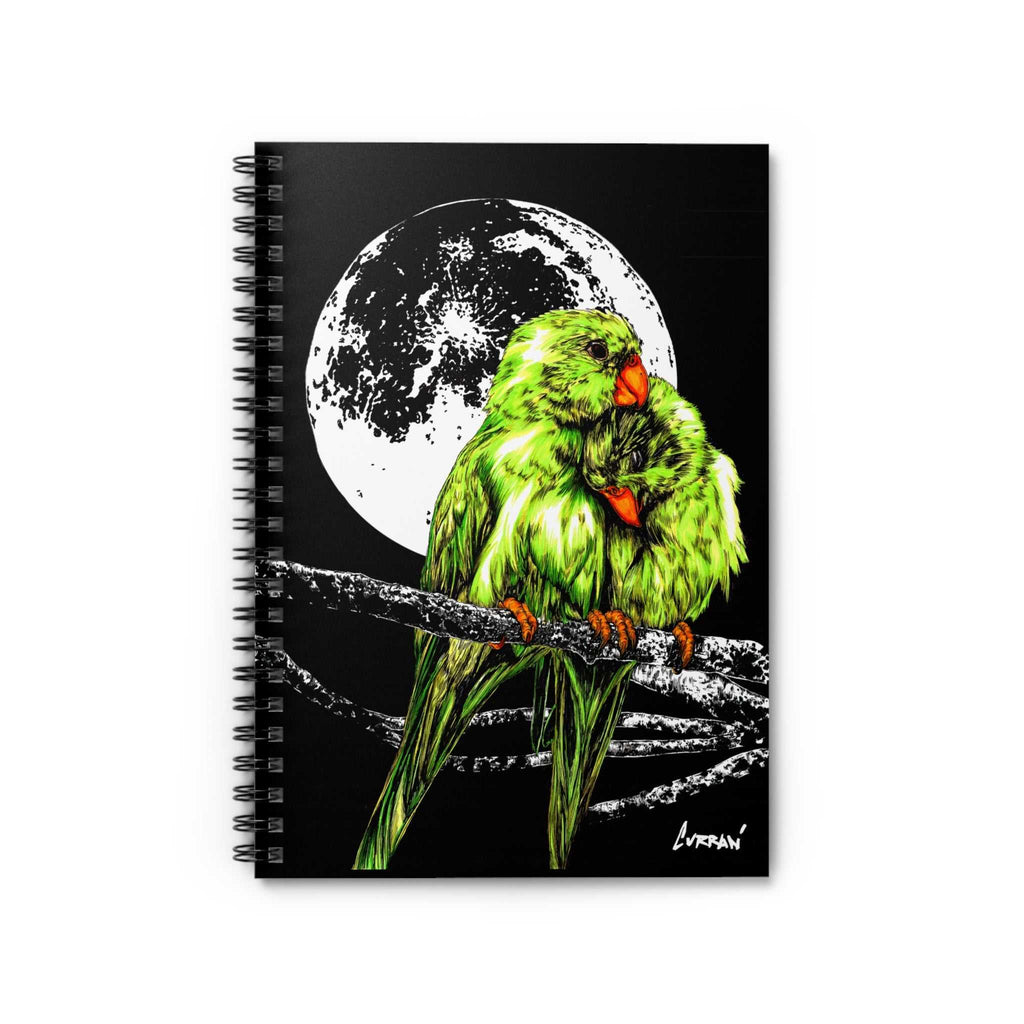 Discover the enchanting beauty of Two Parrots in the Moonlight Spiral Notebook, Ruled Line, Hand-Drawn Art. Perfect for capturing your thoughts and dreams.