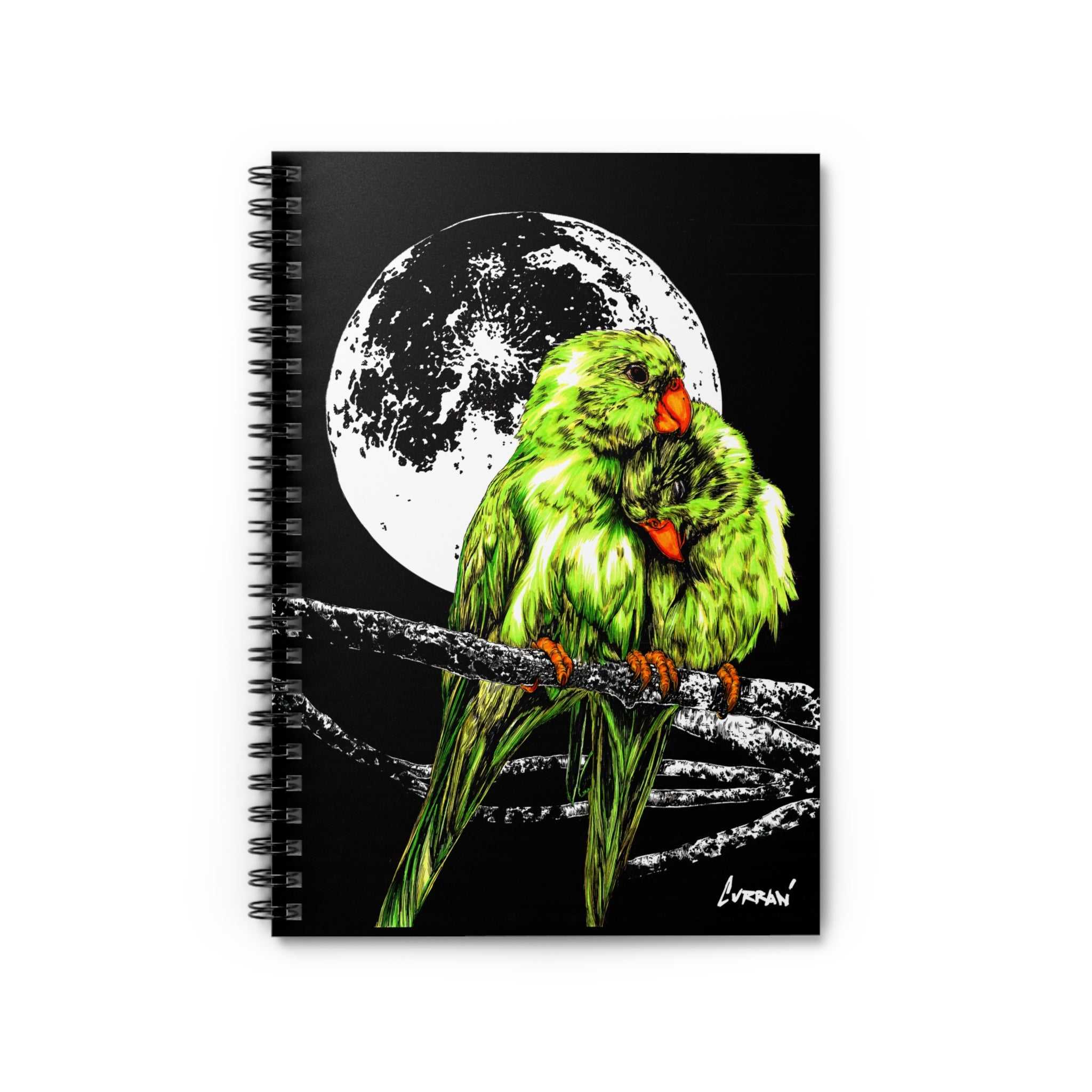 Discover the enchanting beauty of Two Parrots in the Moonlight Spiral Notebook, Ruled Line, Hand-Drawn Art. Perfect for capturing your thoughts and dreams.
