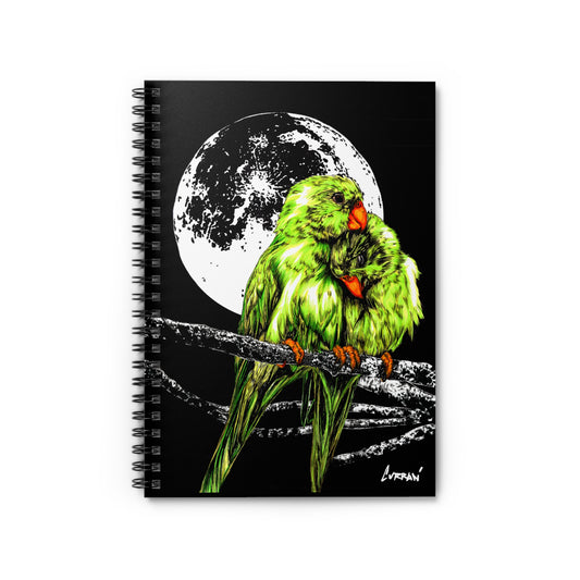 Two Parrots in the Moonlight Spiral Notebook, Ruled Line, Hand-Drawn Art