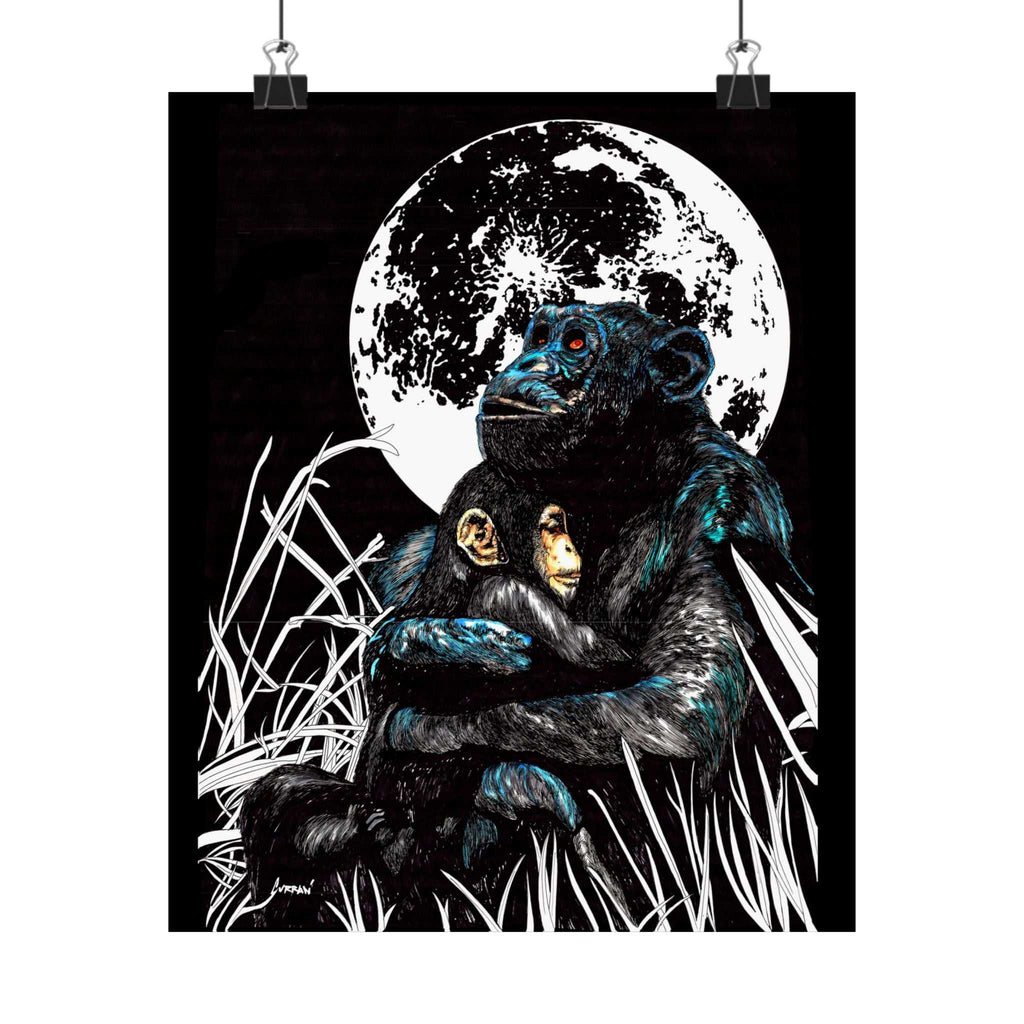 Satin Poster - Moonlit Gorilla and Child Embrace Art Print featuring the Hand Drawn, Original Animal Wall Art Poster by Kris Curran artist at Curran Artworks.