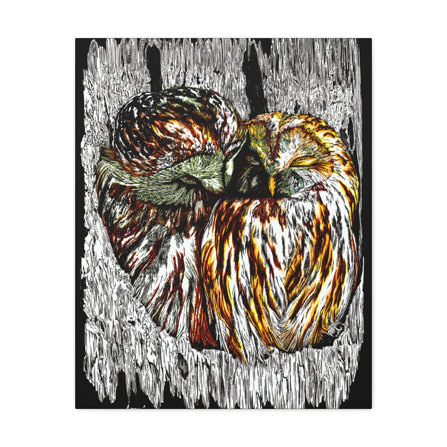 Owl Wall Art, Owl Print, Hand-Drawn Owls, Wildlife Art, Birds in Tree, Nature Wall Decor, Owl Lovers Gift, Woodland Art. Printed on Matte Canvas, Stretched, 1.25"
