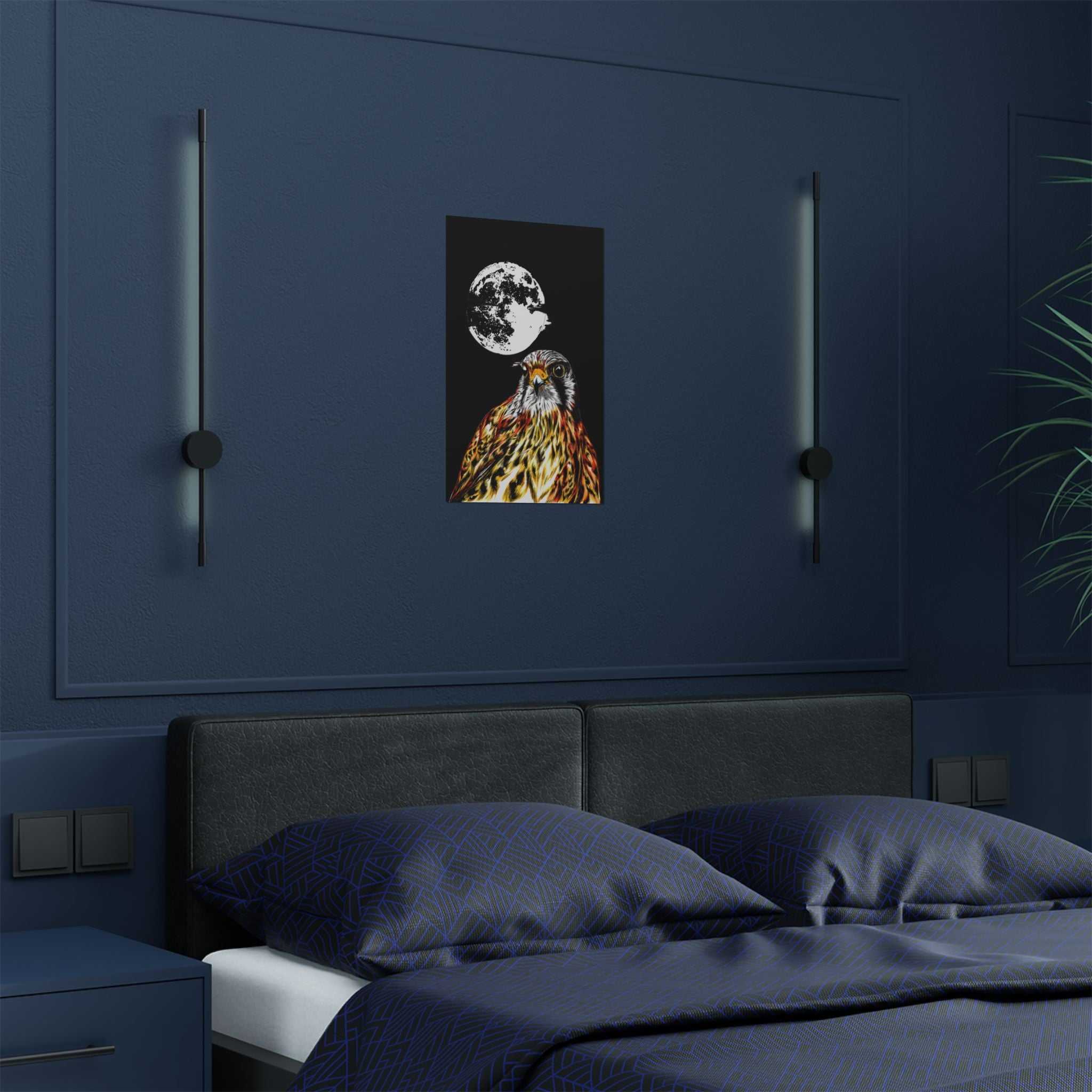 Elevate your space with the Wildlife Satin Poster - Majestic Falcon with Moon Design showcasing the Original, Hand Drawn Art. Bring nature's beauty home today!