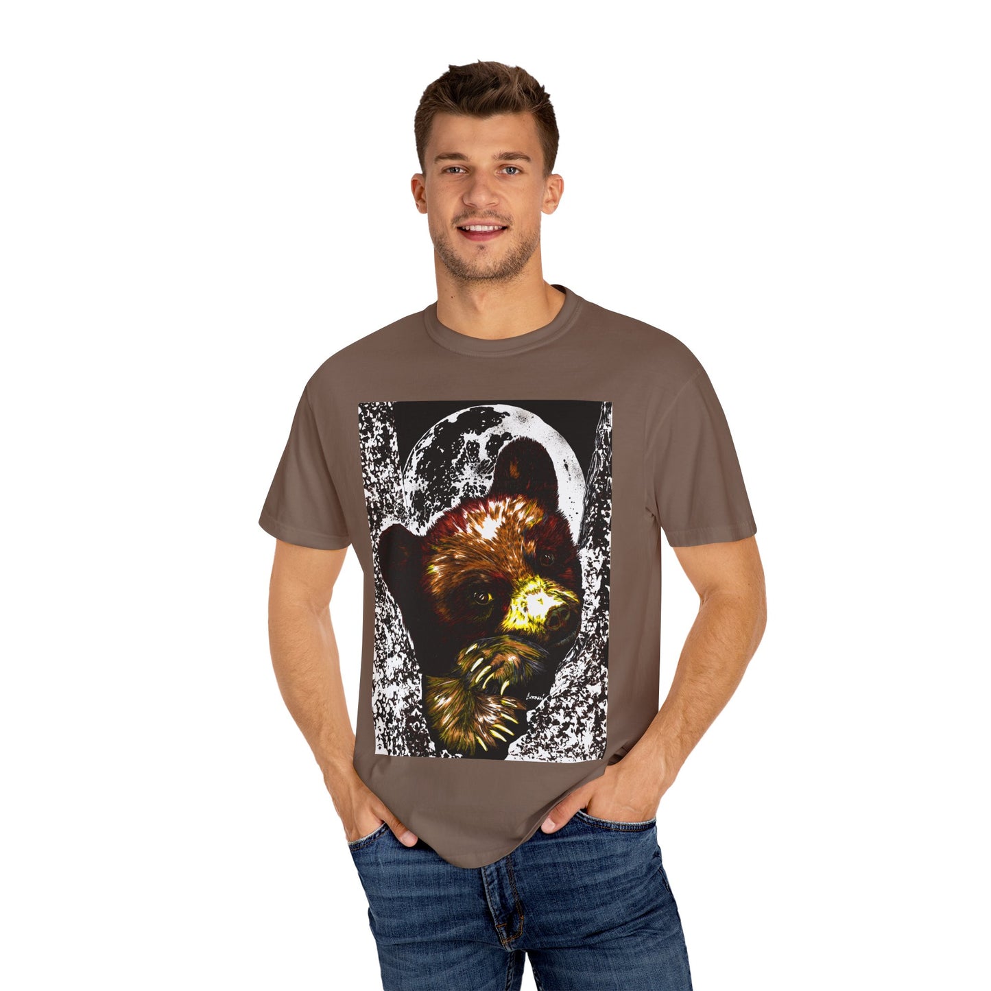 Moonlit Brown Bear Cub Unisex Garment-Dyed T-Shirt | Nature-Inspired Apparel