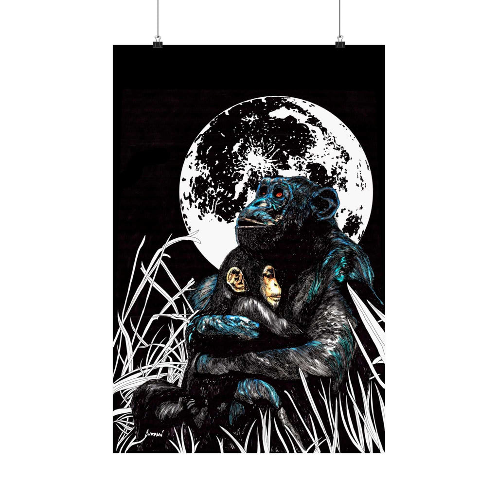 Satin Poster - Moonlit Gorilla and Child Embrace Art Print featuring the Hand Drawn, Original Animal Wall Art Poster by Kris Curran artist at Curran Artworks.