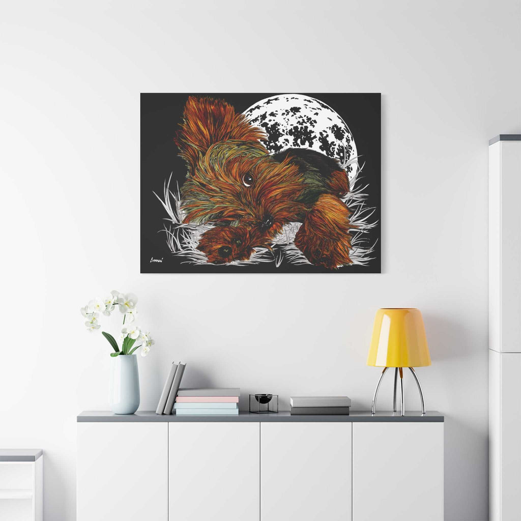 Bring a touch of charm to your walls with this adorable Yorkie Terrier Canvas Print - Cozy Yorkie with Moon Design. Perfect for dog lovers!