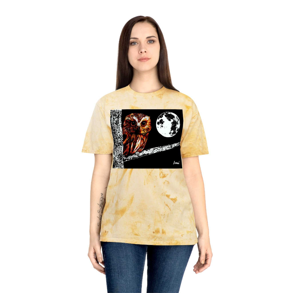 Owl on a Branch Color Blast T Shirt Original Hand Drawn Art