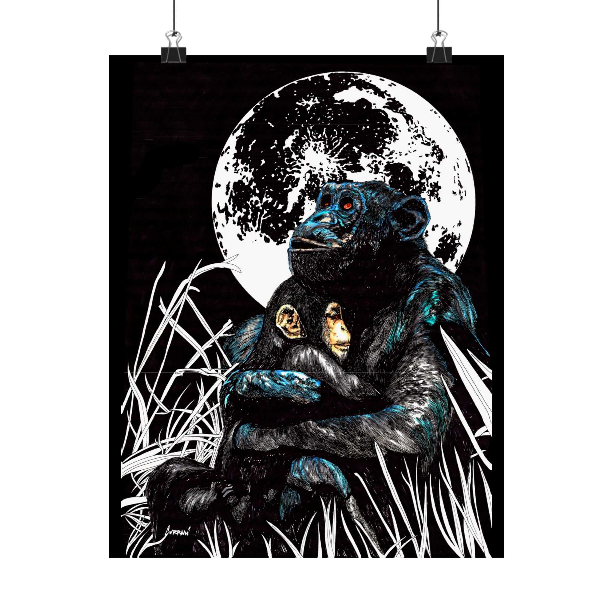 Satin Poster - Moonlit Gorilla and Child Embrace Art Print featuring the Hand Drawn, Original Animal Wall Art Poster by Kris Curran artist at Curran Artworks.