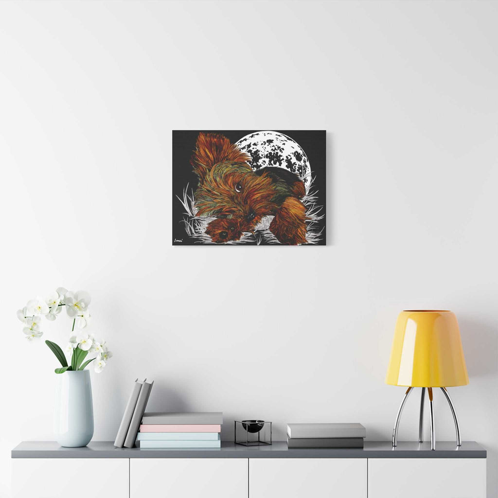 Bring a touch of charm to your walls with this adorable Yorkie Terrier Canvas Print - Cozy Yorkie with Moon Design. Perfect for dog lovers!