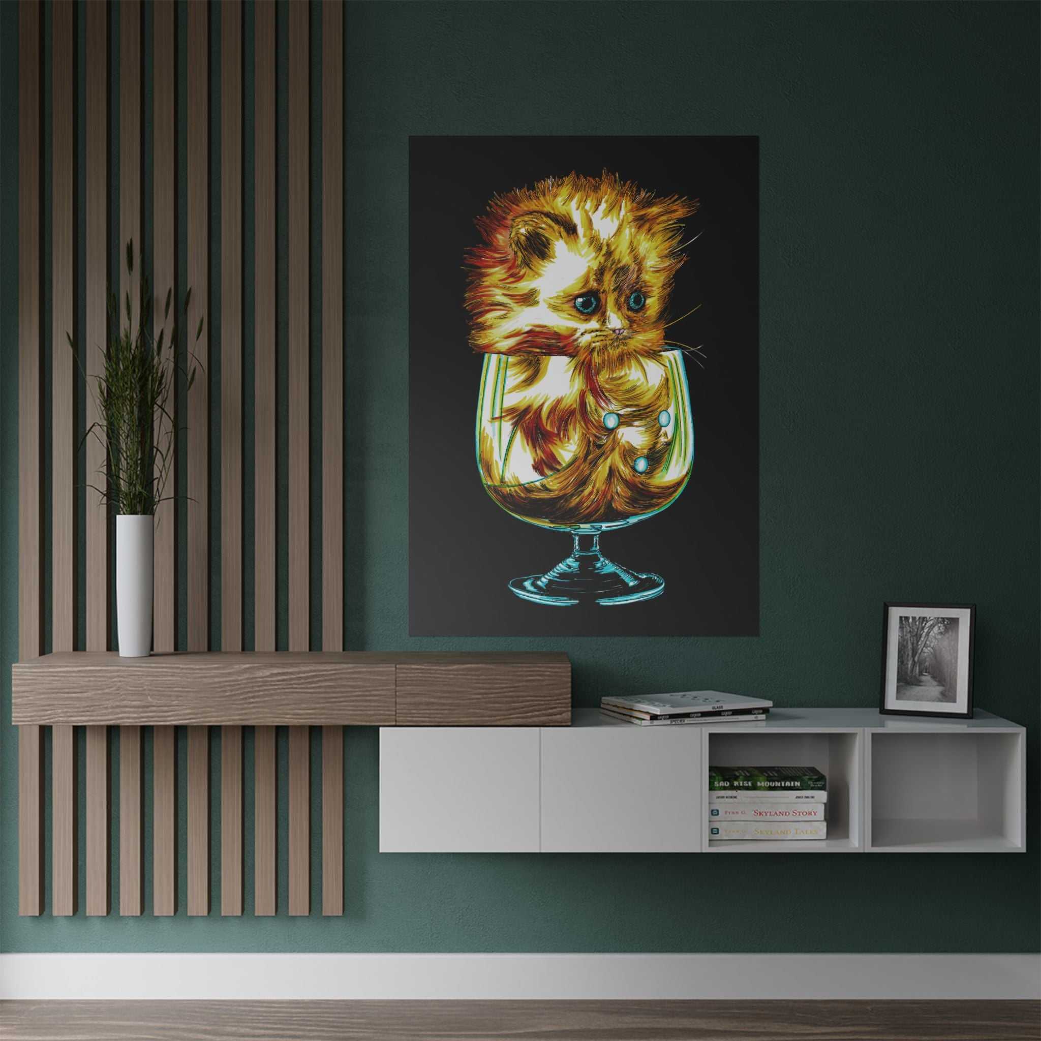 Add a touch of whimsy to your walls with our Whimsical Cat in Glass Satin Poster - 300gsm Art Print for Cat Lovers. Perfect for feline enthusiasts!